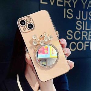 KC Back Cover for iPhone 16 - Round Flower Mirror Electroplated Soft Silicone Camera Protection Case - Pink