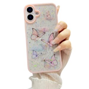 VONZEE for iPhone 16 Clear Glitter Butterfly Case, Cute Bling Sparkle Shiny Soft TPU Bumper Shockproof Women Girls Slim Protective Phone Cover for iPhone 16 6.1",Pink